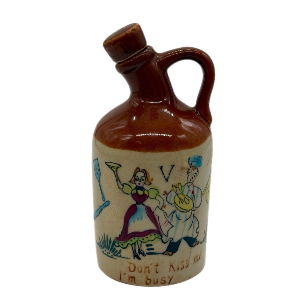 Vintage Hand Painted Ceramic Jug Bottle Don't Kiss Me I'm Busy Chef Couple